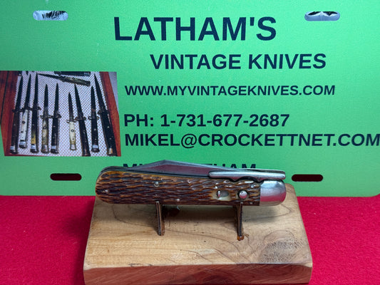 SCHRADE CUT CO. WALDEN N.Y. 1916-46 SWING GUARD HUNTER 4 7/8" VINTAGE AMERICAN AUTOMATIC KNIFE BROWN JIGGED BONE HANDLES