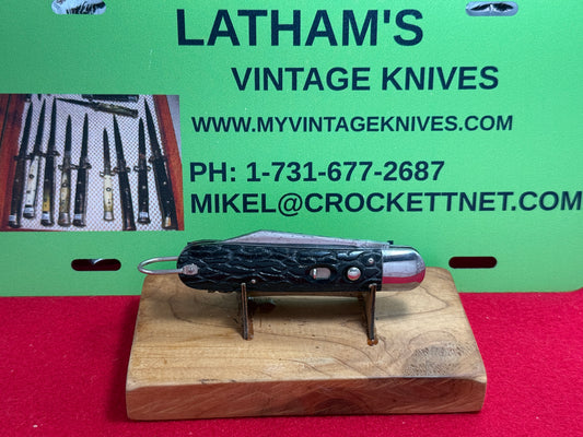 PRESTO GEO. SCHRADE BRIDGEPORT CONN. 1940-1956 MILITARY PARATROOPER VINTAGE AMERICAN AUTOMATIC KNIFE BLACK WORMED GROOVED COMPOSITION HANDLES