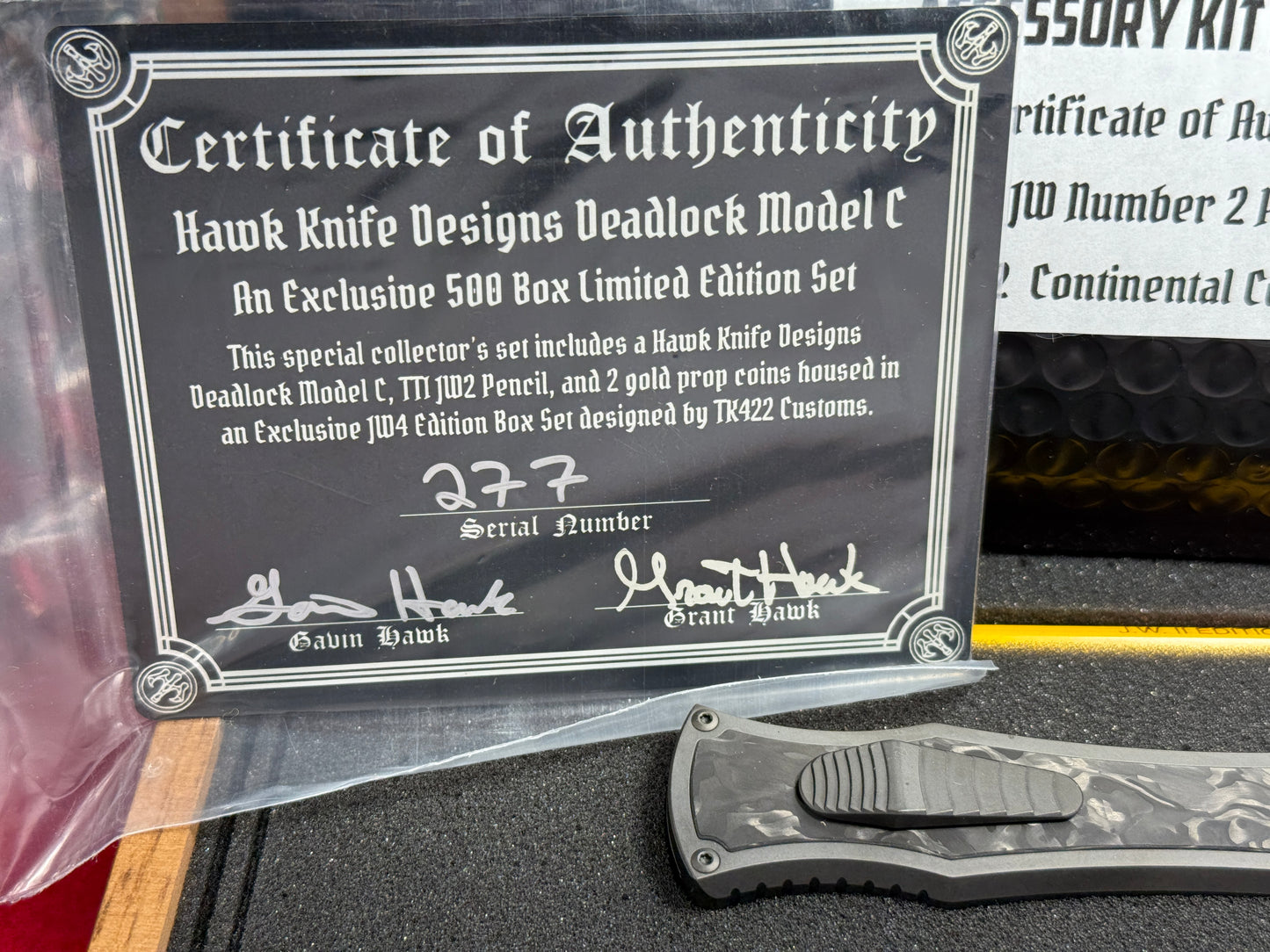 HAWK, G&G DEADLOCK Ti CUSTOM AUTOMATIC OTF JOHN WICK SET JW4 #277 CUSTOM AUTOMATIC KNIFE SET JW4 FAT CARBON INSERTS WITH TITANIUM BODY