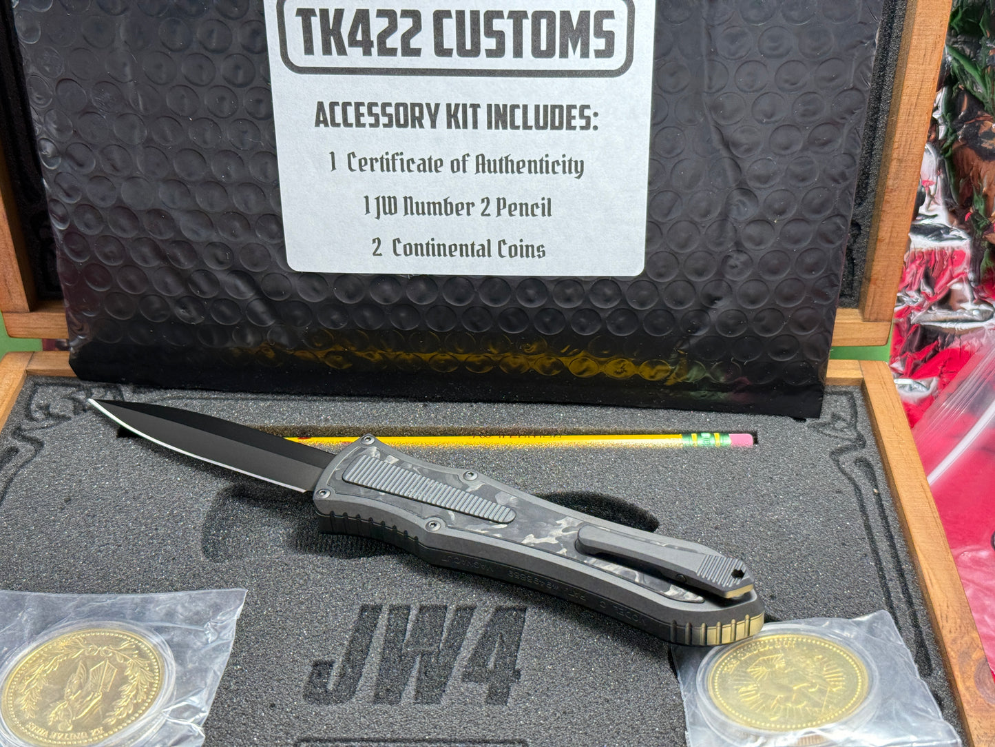 HAWK, G&G DEADLOCK Ti CUSTOM AUTOMATIC OTF JOHN WICK SET JW4 #277 CUSTOM AUTOMATIC KNIFE SET JW4 FAT CARBON INSERTS WITH TITANIUM BODY