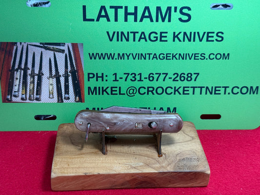 EDGEMASTER USA 1936-56 PARATROOPER STYLE VINTAGE AMERICAN AUTOMATIC KNIFE BROWN SWIRL COMPOSITION HANDLES