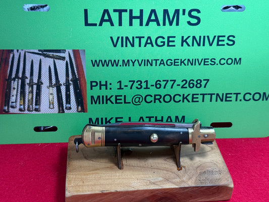 STERILE INDIA 1955-60 ITALIAN STYLE STILETTO BOLSTER RELEASE RARE BOLSTER SLIDE SAFETY HIDDEN RELEASE HEAVY DUTY MADE INDIA IMPORTED AUTOMATIC KNIFE BUFFALO HORN HANDLES