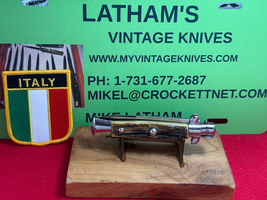 ROSTFREI ITALIAN 1965-69 SWIVEL BOLSTER STILETTO 20 CM ITALIAN AUTOMATIC KNIFE STAG HANDLES