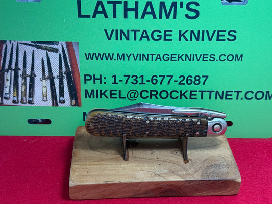 PRESS BUTTON KNIFE CO. WALDEN N.Y. 1892-1923 SWING GUARD ETCHED "KEEN KUTTER" HAND HAMMERED *RARE* VINTAGE AMERICAN AUTOMATIC KNIFE BROWN JIGGED BONE HANDLES