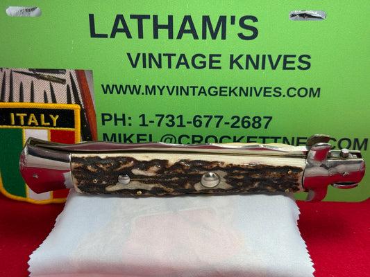 ROSTFREI ITALY 1968-78 SWIVEL BOLSTER STILETTO KRISS BLADE LARGE 38 CM ITALIAN AUTOMATIC KNIFE STAG HANDLES