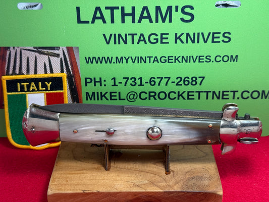 A.G.A. CAMPOLIN ITALY 2007-2009 SWIVEL BOLSTER STILETTO DAMACUS STEEL BLADE LARGE 38 CM ITALIAN AUTOMATIC KNIFE BRAZILIAN HORN HANDLES