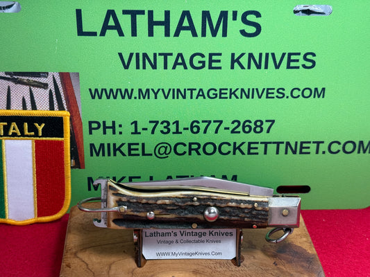 PREZIOSO ROMA ITALIAN 1962-68 RING PULL HUNTER SHELL PULLER ITALIAN AUTOMATIC KNIFE STAG HANDLES