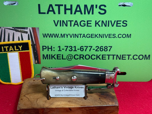 STERILE ITALIAN 1948-56 HUNTER FULCRUM RELEASE BAR SHELL PULLER ITALIAN AUTOMATIC KNIFE BUFFALO HORN HANDLES