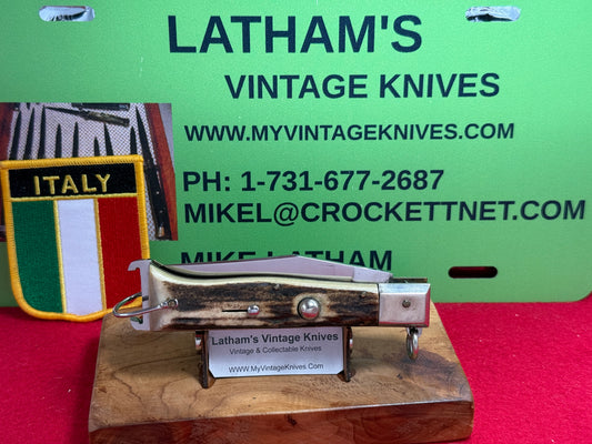 INOX DIAMOND ITALY 1965-68 RING PULL CAMPER WITH SHELL PULLER ITALIAN AUTOMATIC KNIFE STAG HANDLES