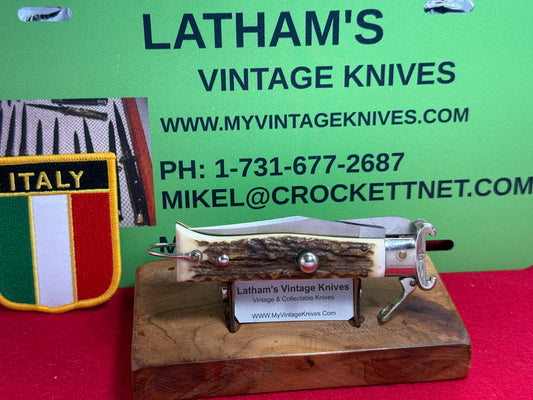 LEPRE ITALY 2015 HUNTER FULCRUM RELEASE WITH SHELL PULLER AND SAW BLADE ITALIAN AUTOMATIC KNIFE STAG HANDLES