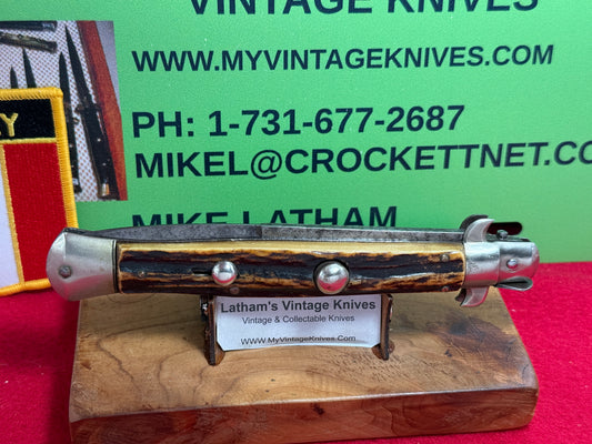 STERILE "UNSTAMPED S. COPP ERA" ITALIAN MANIAGO 1920-30 FLAT GUARD STILETTO 28 CM ITALIAN AUTOMATIC KNIFE STAG HANDLES