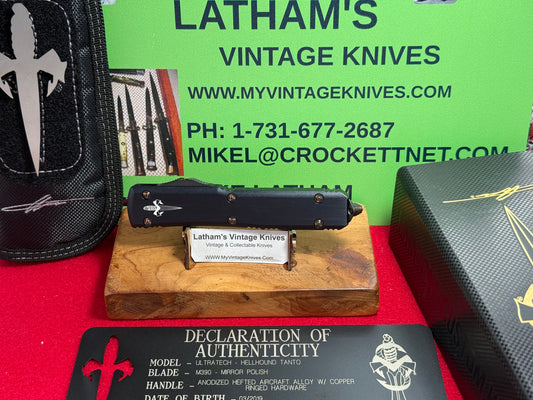 MICROTECH CUSTOM MARFIONE ULTRATECH HELLHOUND 03/2019 TANTO M390 MIRROR POLISHED BLADE TACTICAL AUTOMATIC KNIFE COPPER RINGED HARDWARE
