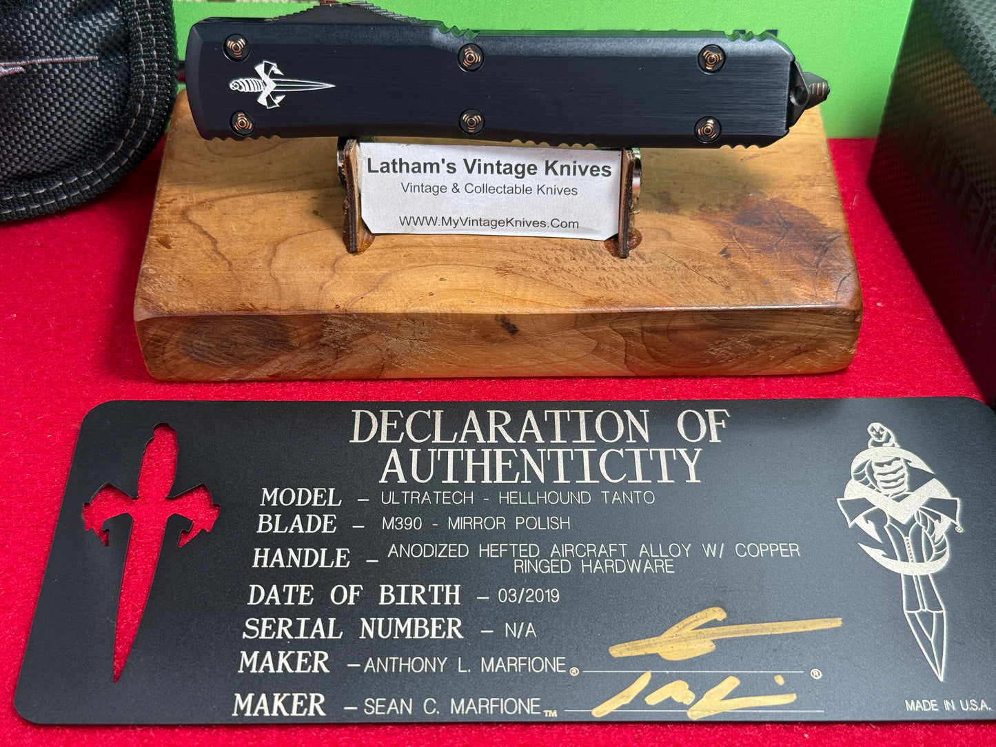 MICROTECH CUSTOM MARFIONE ULTRATECH HELLHOUND 03/2019 TANTO M390 MIRROR POLISHED BLADE TACTICAL AUTOMATIC KNIFE COPPER RINGED HARDWARE