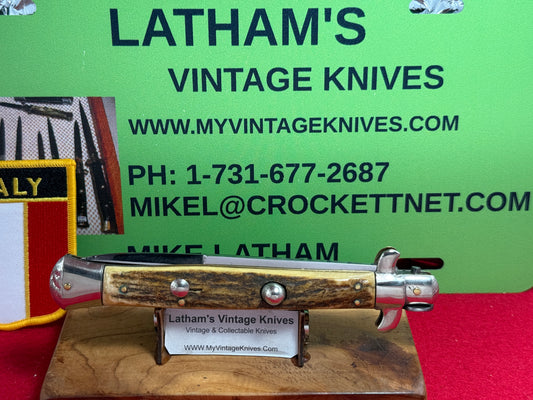 STERILE "UNSTAMPED" MANIAGO ITALY 1925-30 PICK LOCK TWO PIECE GUARDS STILETTO 28 CM ITALIAN AUTOMATIC KNIFE STAG HANDLES