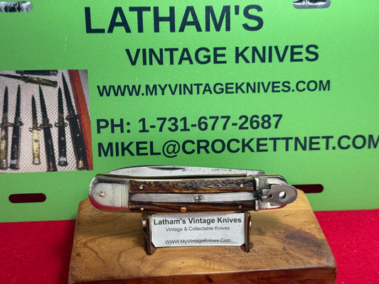 A. WINGEN JR. OTHELLO SOLINGEN GERMANY 1965-75 LEVER AUTOMATIC 11 CM GERMAN AUTOMATIC KNIFE STAG HANDLES