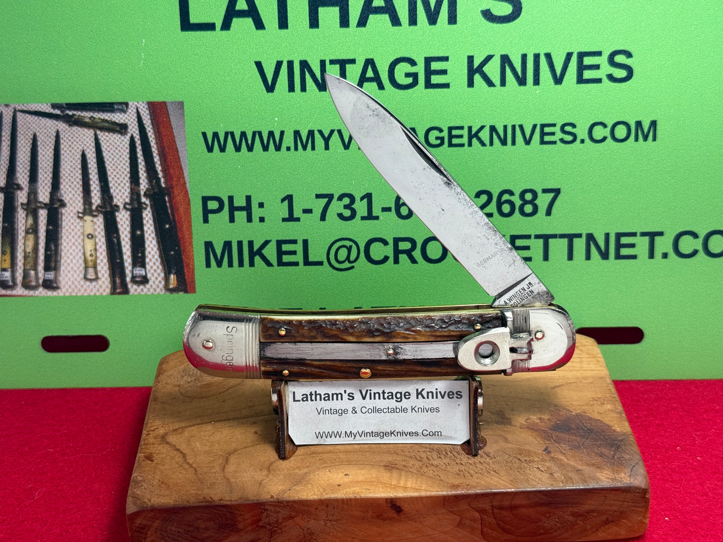 A. WINGEN JR. OTHELLO SOLINGEN GERMANY 1965-75 LEVER AUTOMATIC 11 CM GERMAN AUTOMATIC KNIFE STAG HANDLES