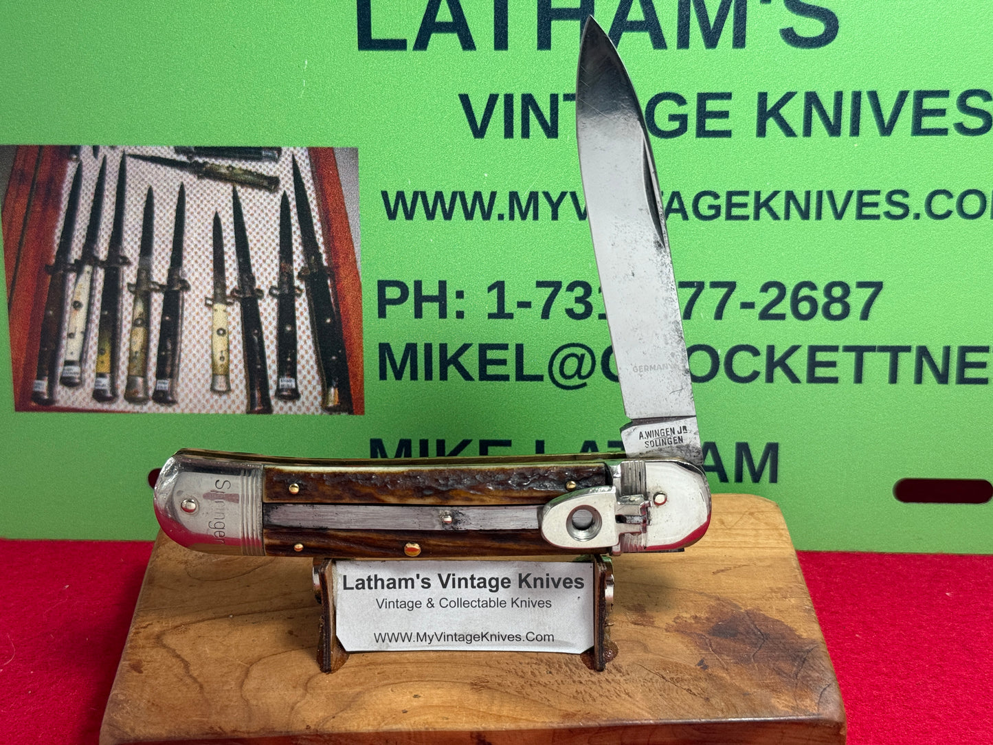 A. WINGEN JR. OTHELLO SOLINGEN GERMANY 1965-75 LEVER AUTOMATIC 11 CM GERMAN AUTOMATIC KNIFE STAG HANDLES