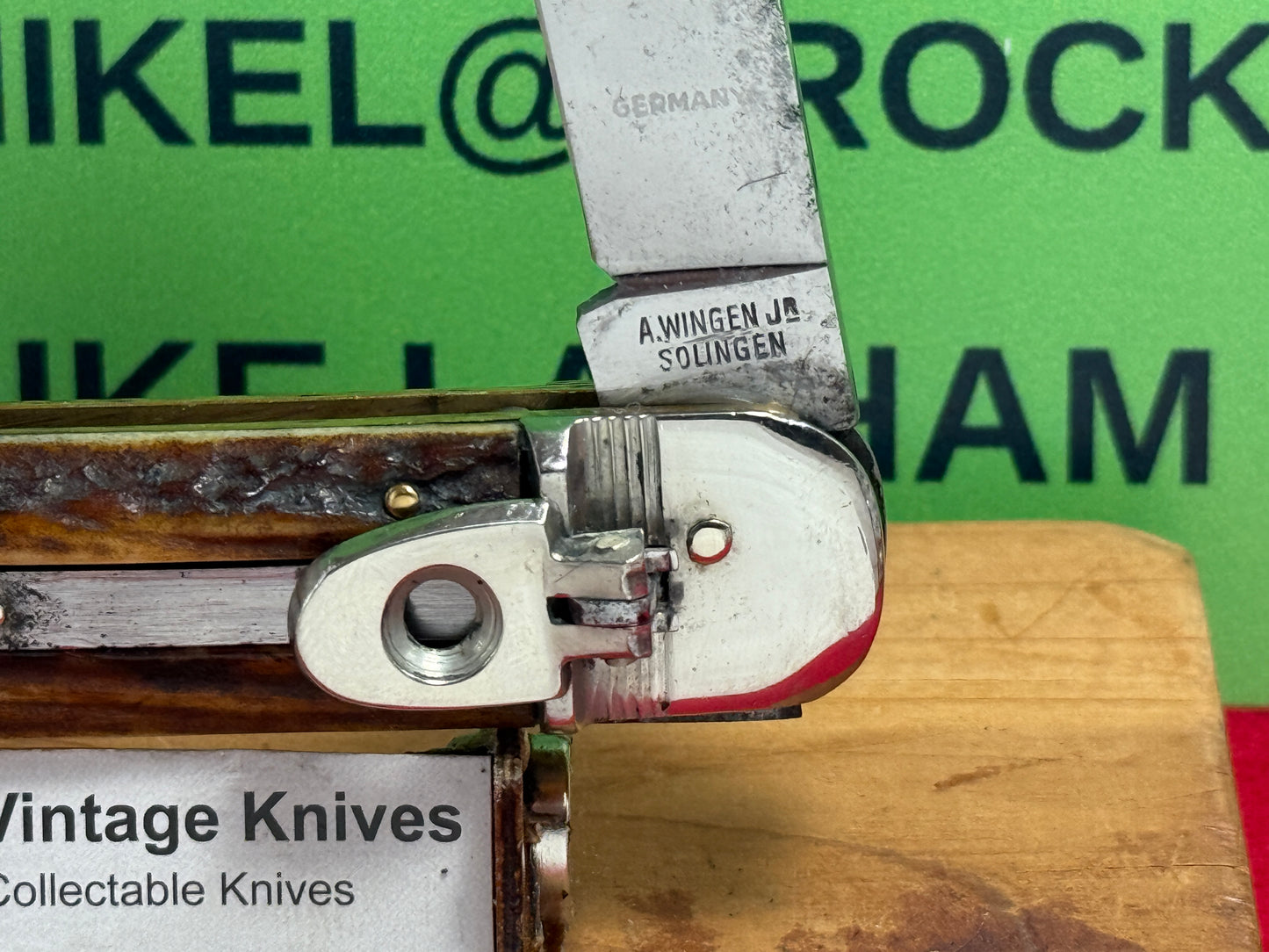 A. WINGEN JR. OTHELLO SOLINGEN GERMANY 1965-75 LEVER AUTOMATIC 11 CM GERMAN AUTOMATIC KNIFE STAG HANDLES