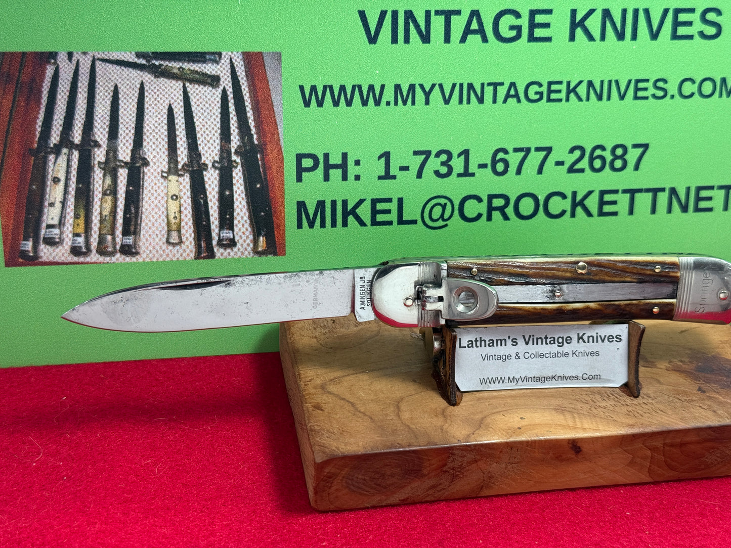 A. WINGEN JR. OTHELLO SOLINGEN GERMANY 1965-75 LEVER AUTOMATIC 11 CM GERMAN AUTOMATIC KNIFE STAG HANDLES