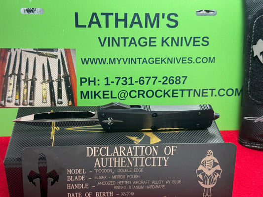 MICROTECK OTF TROODON CUSTOM MARFIONE 02/2019 DOUBLE EDGE MIRROR POLISH BLADE TACTICAL AUTOMATIC KNIFE BLUE RINGED TITANIUM