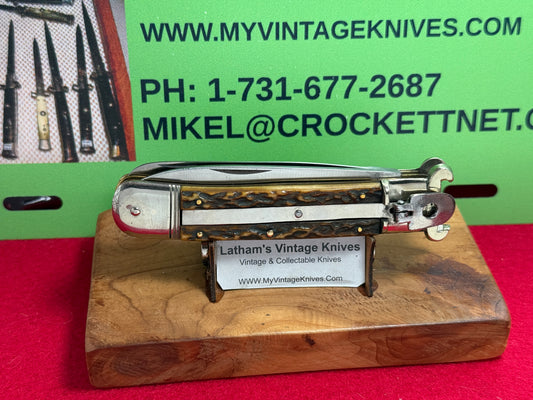 G. GRAFRATH SOLINGEN GERMANY 1955-65 LEVER AUTOMATIC CAMPER SHELL PULLER GERMAN AUTOMATIC KNIFE STAG HANDLES