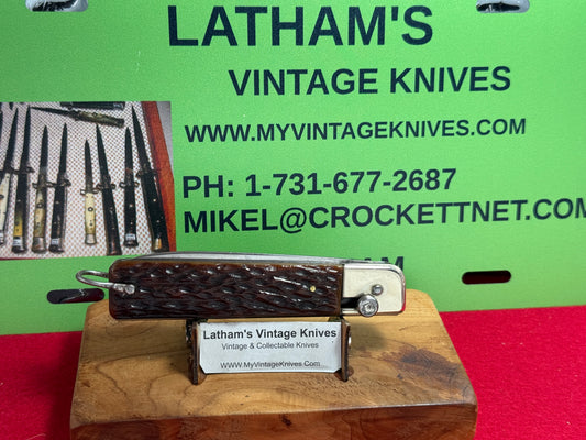 SOLINGEN D.R.G.M. PATENT 1955-65 SLIDE BUTTON RELEASE--RARE GERMAN AUTOMATIC KNIFE BONE HANDLES