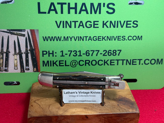 KA-BAR UNION CUT CO. OLEAN N.Y. USA 1923-33 LEVER AUTOMATIC FLAT BLADE RARE VINTAGE AMERICAN AUTOMATIC KNIFE STAG HANDLES