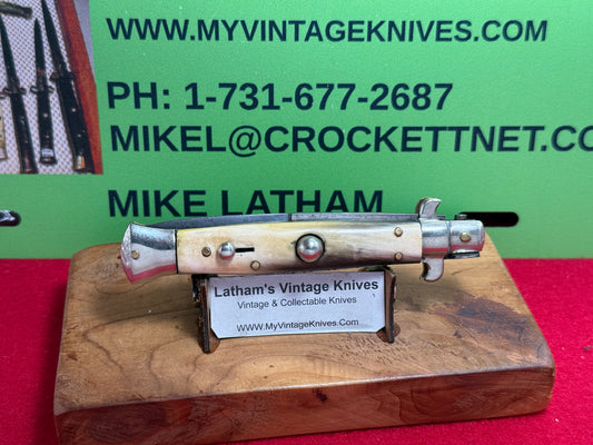 STERILE "UNSTAMPED" MANIAGO ITALY 1930-35 PICK LOCK FLAT GUARD STILETTO 20 CM ITALIAN AUTOMATIC KNIFE BRAZILIAN HORN HANDLES