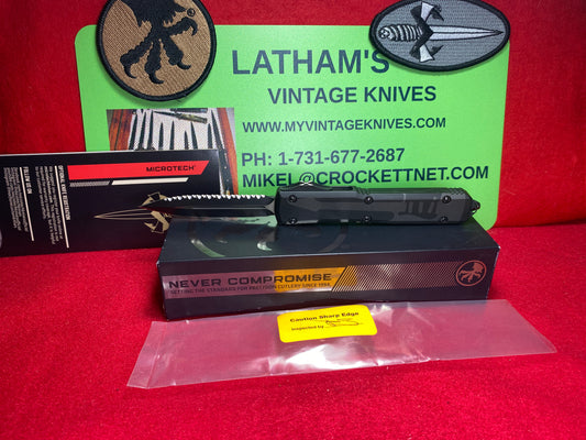 MICROTECH ULTRATECH D/E OTF 05/2021 NCKS 122-3 NCKSTS EXCLUSIVE SIGNATURE SERIES TACTICAL FULL SERRATTED RINGED HARDWARE S/N 007 BLACK TACTICAL HANDLES ETCHED BLACK GUITAR