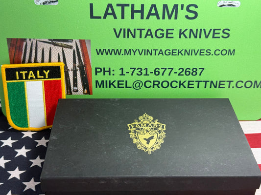 FAMARS ITALY 2012 TWIN BLADE DOUBLE BUTTON PICCOLO AAO759 ITALIAN AUTOMATIC KNIFE BLACK ALUMINUM WITH ELEPHANT IN LAY HANDLES