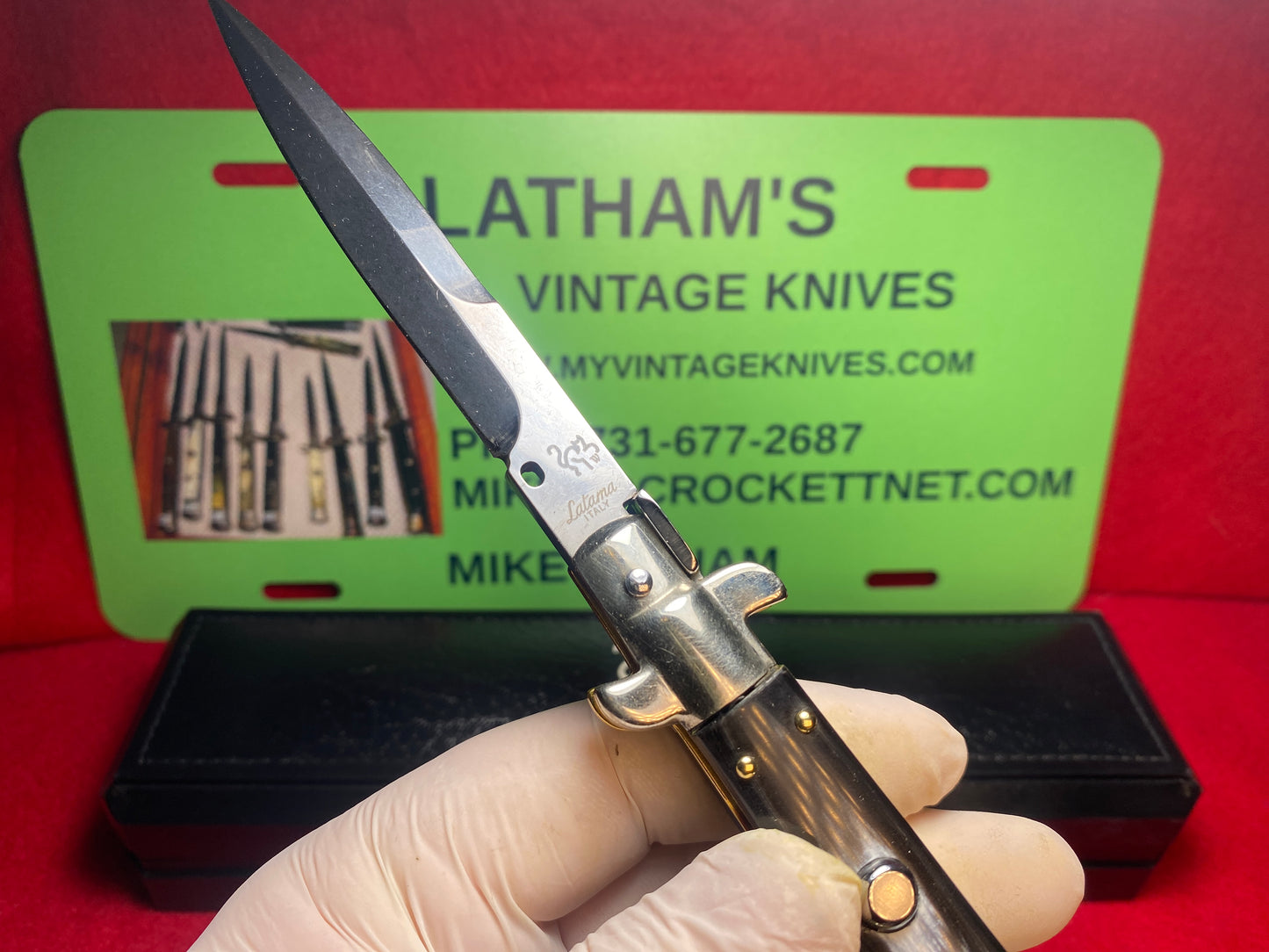 LATAMA ITALY 2010 PICK LOCK FLAT GUARD STILETTO 5 MM SPRING 23 CM ITALIAN AUTOMATIC KNIFE BRAZILIAN HORN HANDLES