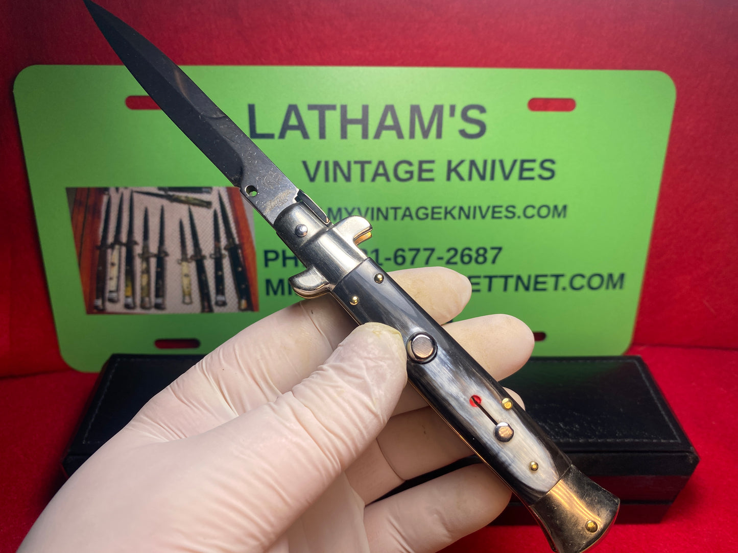 LATAMA ITALY 2010 PICK LOCK FLAT GUARD STILETTO 5 MM SPRING 23 CM ITALIAN AUTOMATIC KNIFE BRAZILIAN HORN HANDLES