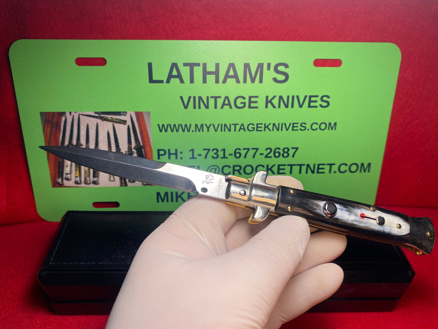 LATAMA ITALY 2010 PICK LOCK FLAT GUARD STILETTO 5 MM SPRING 23 CM ITALIAN AUTOMATIC KNIFE BRAZILIAN HORN HANDLES