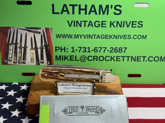 BOKER SOLINGEN GERMANY 1975-80 LEVER AUTOMATIC TREE BRAND CLASSIC 715 GERMAN AUTOMATIC KNIFE STAG HANDLES