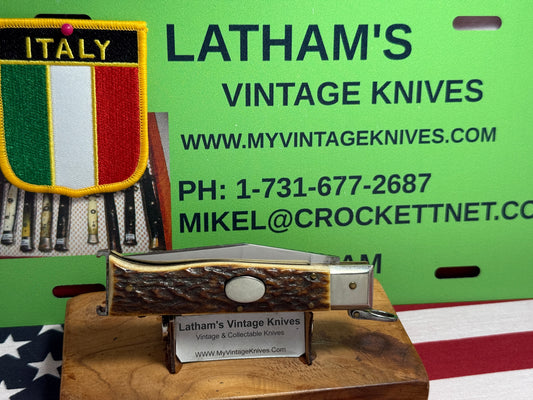 LEPRE ITALY 1950-52 SPECIAL RING PULL RELEASE CAMPER OVAL BUTTON ITALIAN AUTOMATIC KNIFE STAG HANDLES