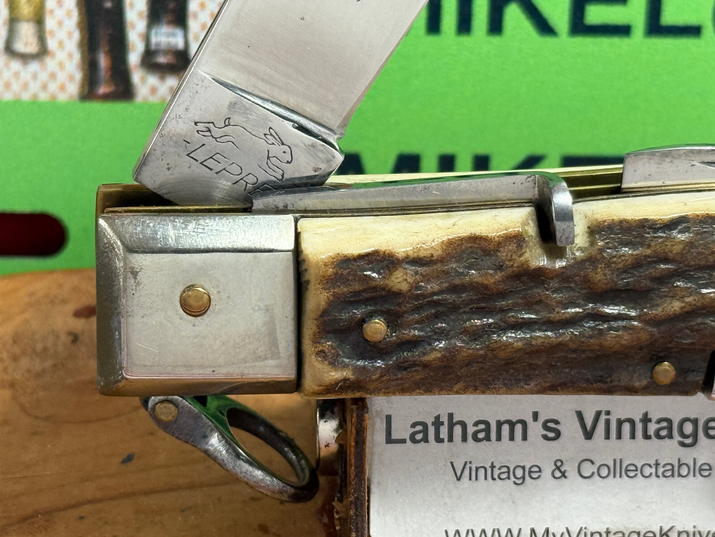LEPRE ITALY 1950-52 SPECIAL RING PULL RELEASE CAMPER OVAL BUTTON ITALIAN AUTOMATIC KNIFE STAG HANDLES