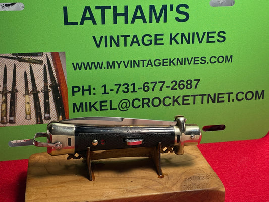 BARGEON INOX MADE IN FRANCE 1970-75 FIXED GUARDS FRENCH AUTOMATIC KNIFE BLACK CHECKERED PLASTIC HANDLES