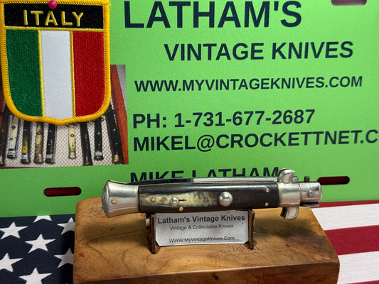 M.I. ITALY IN CIRCLE 1950-58 PICK LOCK STILETTO 23 CM ITALIAN AUTOMATIC KNIFE BUFFALO HORN HANDLES