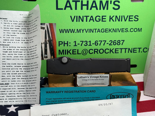 MICROTECH USA 03/1998 HALO II SINGLE ACTION OTF VINTAGE TACTICAL AUTOMATIC KNIFE BLACK METAL HANDLES