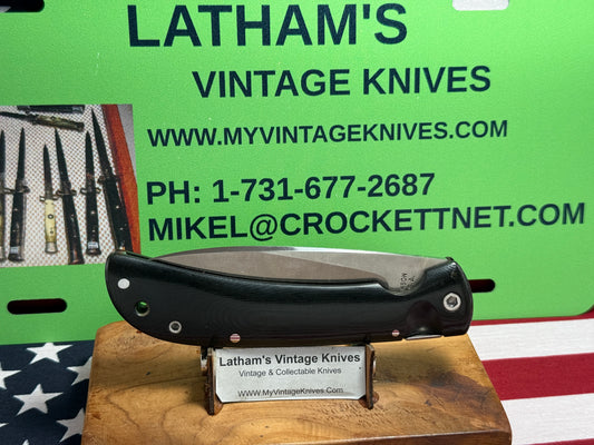 DAWSON, BARRY USA CUSTOM AUTOMATIC 1980-85 TAB RELEASE 1 OF 1  #001 TACTICAL AUTOMATIC KNIFE BLACK LINEN MICARTA HANDLES
