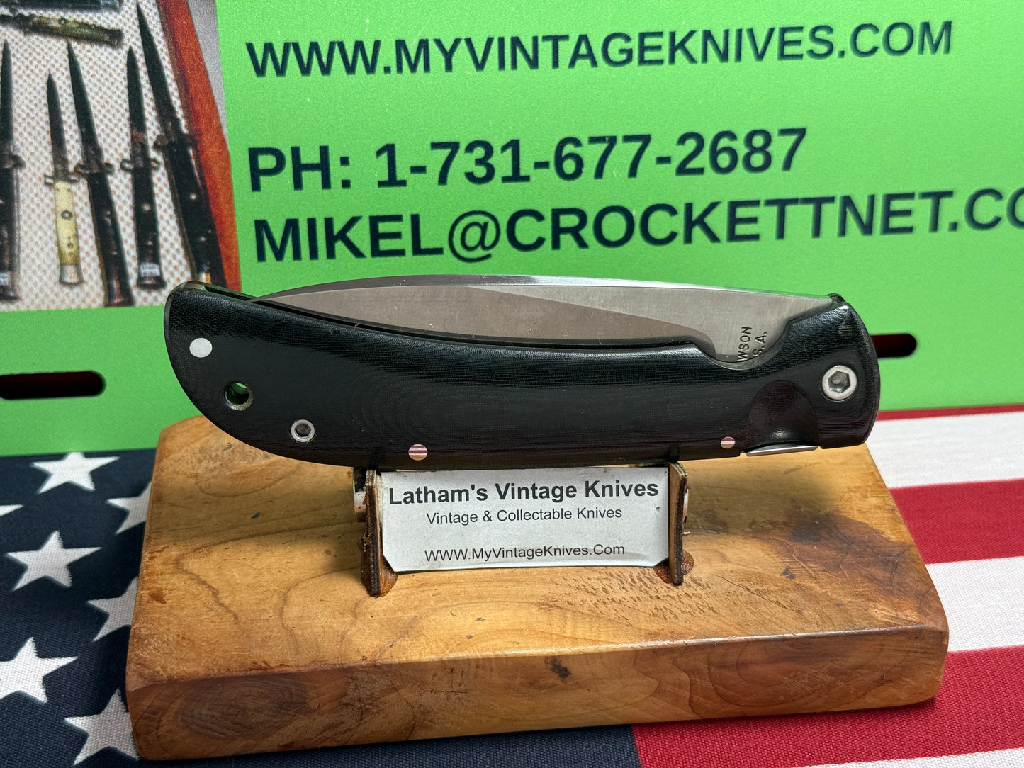 DAWSON, BARRY USA CUSTOM AUTOMATIC 1980-85 TAB RELEASE 1 OF 1  #001 TACTICAL AUTOMATIC KNIFE BLACK LINEN MICARTA HANDLES