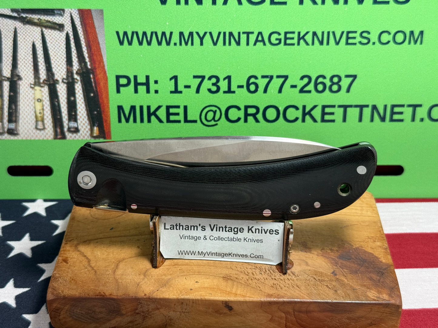 DAWSON, BARRY USA CUSTOM AUTOMATIC 1980-85 TAB RELEASE 1 OF 1  #001 TACTICAL AUTOMATIC KNIFE BLACK LINEN MICARTA HANDLES