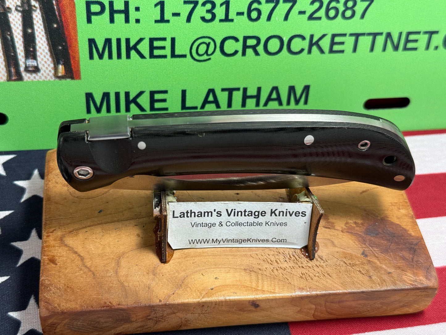 DAWSON, BARRY USA CUSTOM AUTOMATIC 1980-85 TAB RELEASE 1 OF 1  #001 TACTICAL AUTOMATIC KNIFE BLACK LINEN MICARTA HANDLES