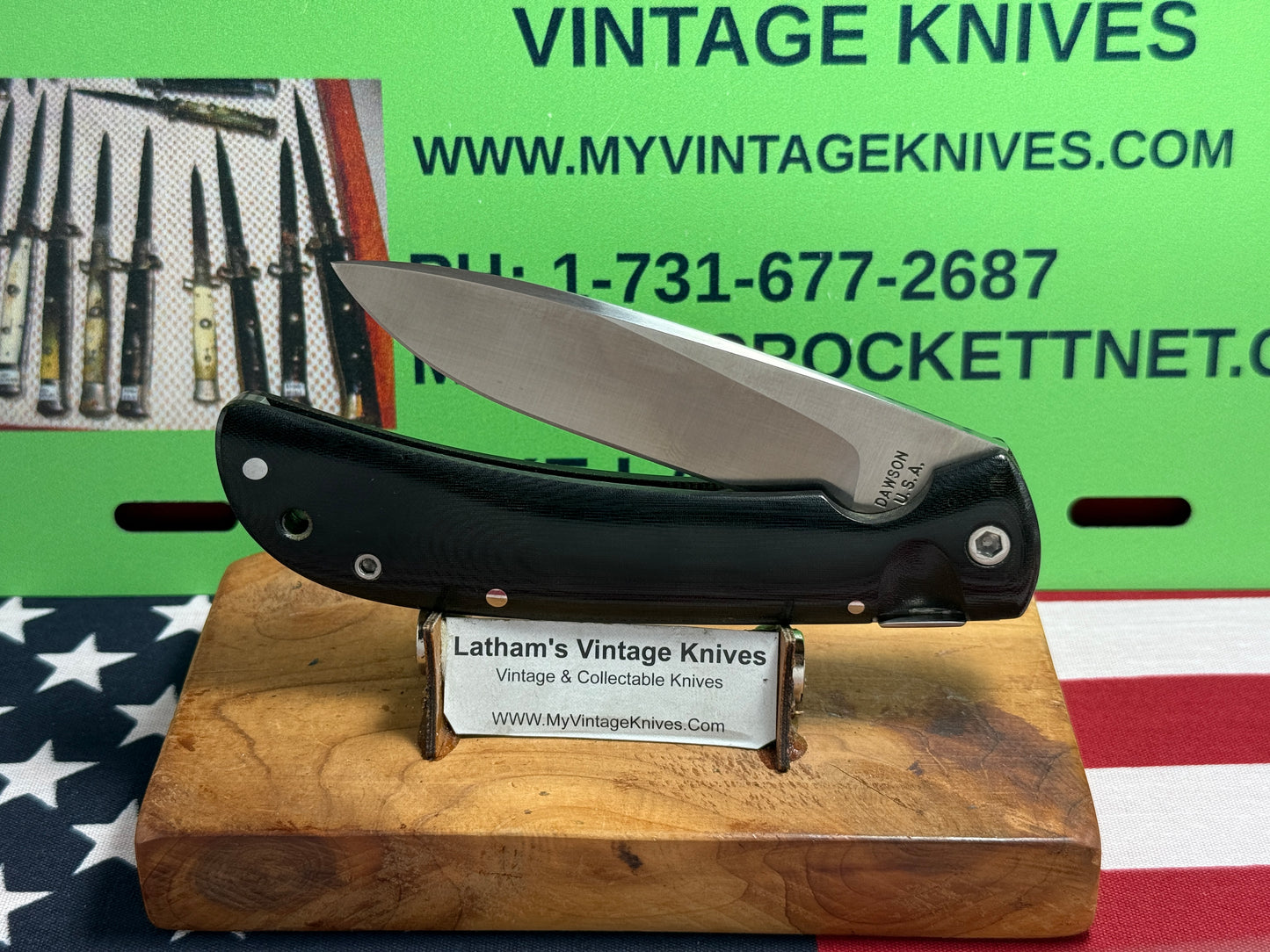 DAWSON, BARRY USA CUSTOM AUTOMATIC 1980-85 TAB RELEASE 1 OF 1  #001 TACTICAL AUTOMATIC KNIFE BLACK LINEN MICARTA HANDLES