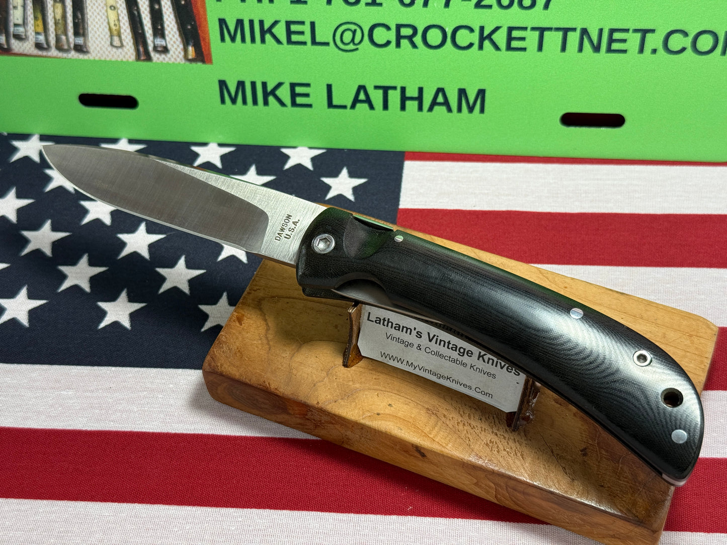 DAWSON, BARRY USA CUSTOM AUTOMATIC 1980-85 TAB RELEASE 1 OF 1  #001 TACTICAL AUTOMATIC KNIFE BLACK LINEN MICARTA HANDLES
