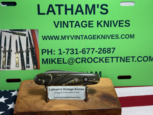 SCHRADE CUT CO. WALDEN N.Y. 1907-1910 EARLY CIGAR STYLE SINGLE BLADE 3 3/4" VINTAGE AMERICAN AUTOMATIC KNIFE GREEN SWIRL COMPOSITION HANDLES