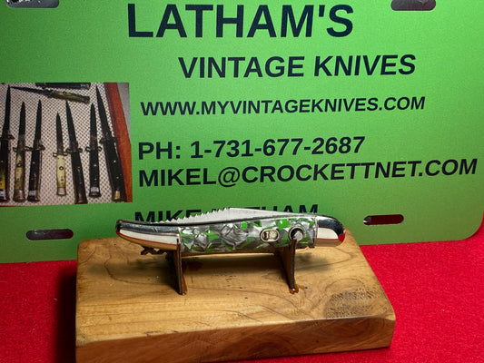 HAMMER BRAND USA BY IMPERIAL CUTLERY 1945-55 TOOTHPICK WITH FISH SCALIER VINTAGE AMERICAN AUTOMATIC KNIFE GREEN/GRAY MIXED COLOR HANDLES