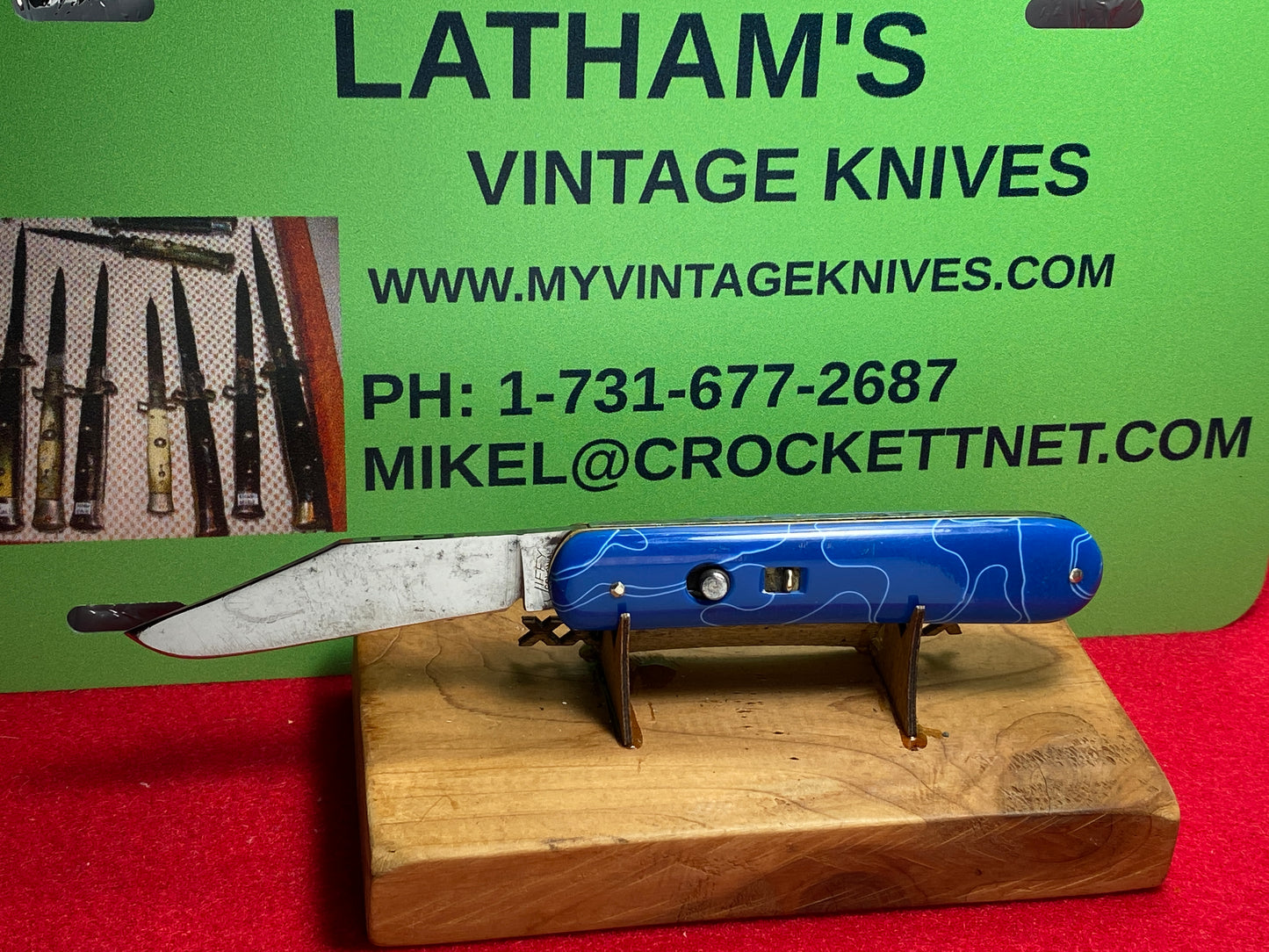 JIFFY BY COLONIAL KNIFE CO. 1930-56 PARATROOPER JACK VINTAGE AMERICAN AUTOMATIC KNIFE CUSTOM BLUE HANDLES