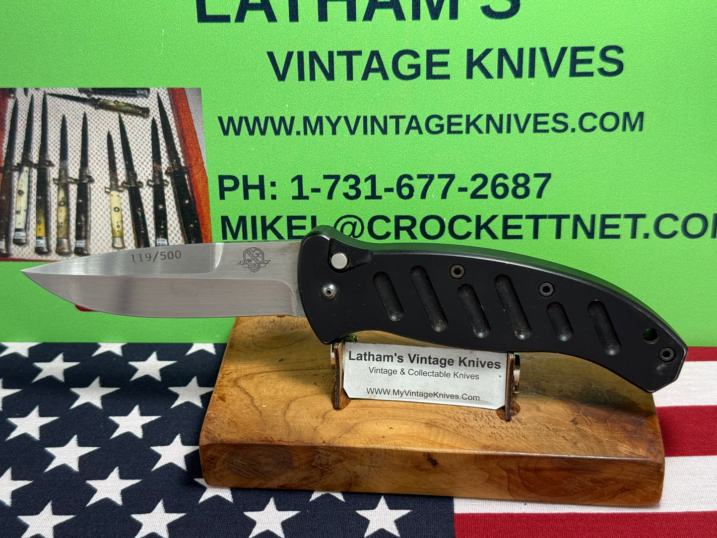 WOODARD, BUCK USA CUSTOM AUTOMATIC 2002-2008 COMBAT AUTO #119 OF 500 TACTICAL AUTOMATIC KNIFE BLACK METAL HANDLES