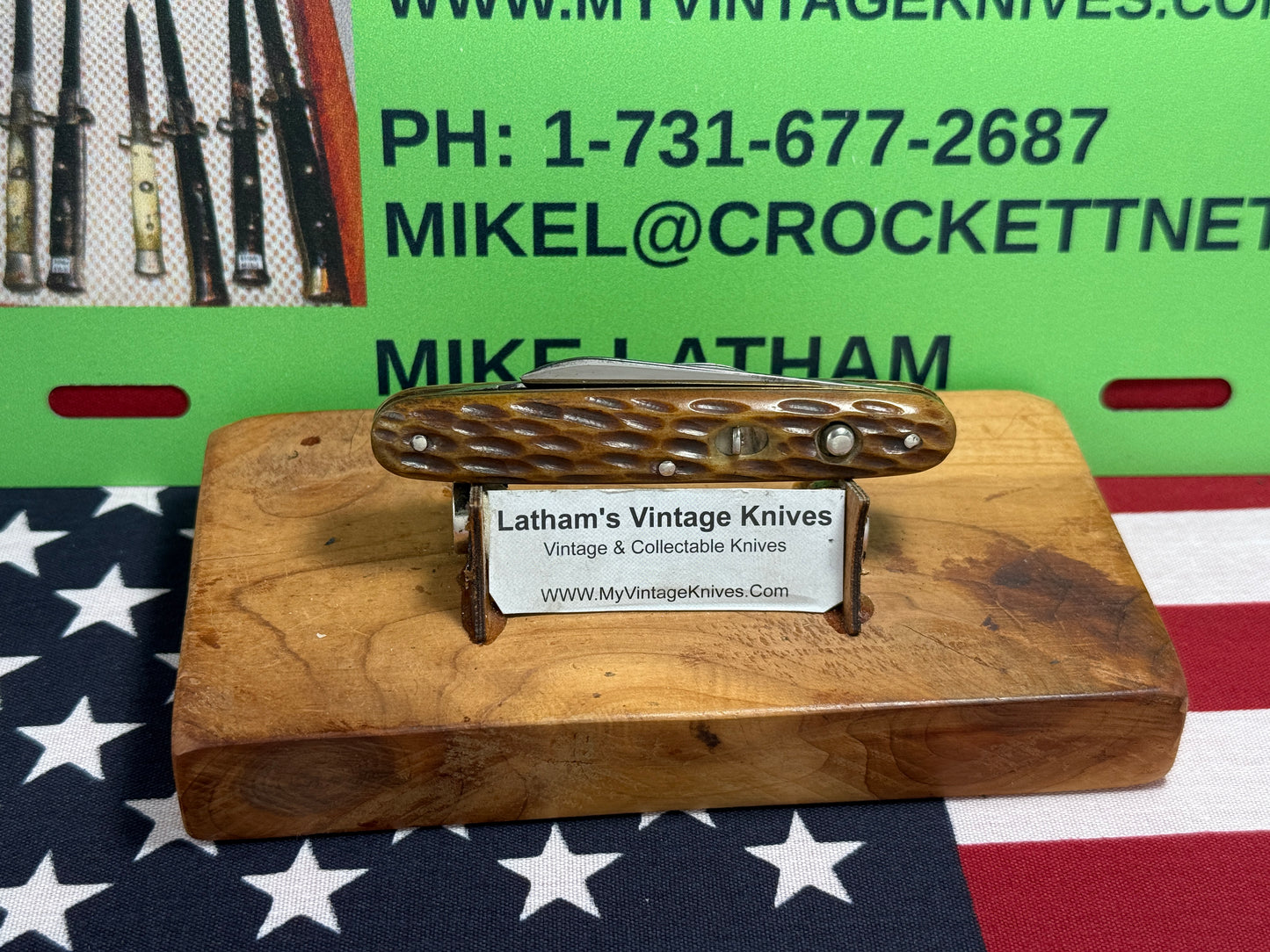 REMINGTON UMC 1920-40 TWIN BLADE R8063 DOUBLE BUTTON VINTAGE AMERICAN AUTOMATIC 3 3/8" KNIFE JIGGED BONE HANDLES